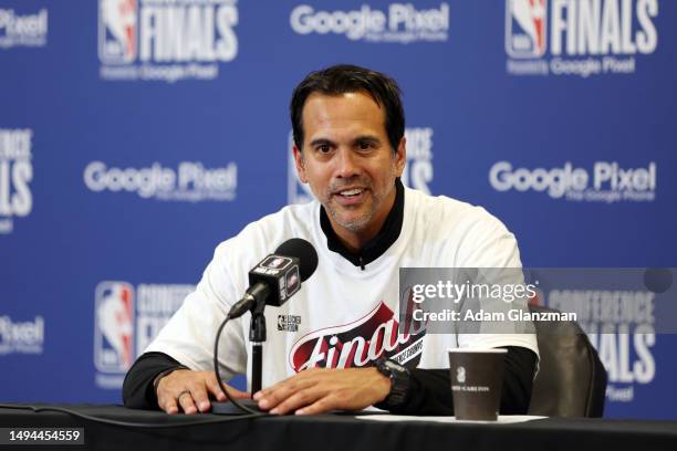 Head coach Erik Spoelstra of the Miami Heat speaks during a press conference after the Miami Heat defeated the Boston Celtics 103-84 in game seven of...