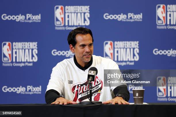 Head coach Erik Spoelstra of the Miami Heat speaks during a press conference after the Miami Heat defeated the Boston Celtics 103-84 in game seven of...