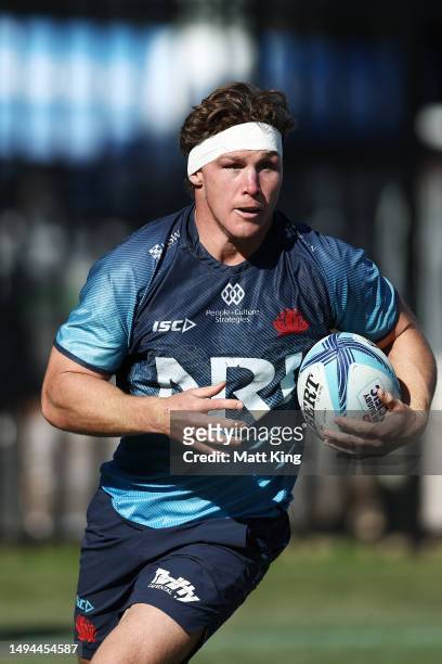 Michael Hooper runs with the ball during a Waratahs Super Rugby media opportunity at NSW Rugby Union Centre of Excellence on May 30, 2023 in Sydney,...