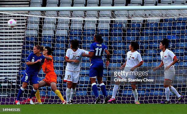 Laura Georges of France scores the opening goal during the Women's Football first round Group G match between France and DPR Korea on Day 1 of the...