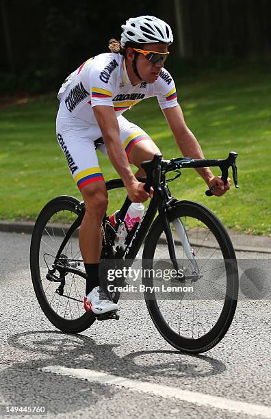 Rigoberto Uran Uran of Colombia in action during the Men's Road Race Road Cycling on Day 1 of the London 2012 Olympic Games on July 28, 2012 in...