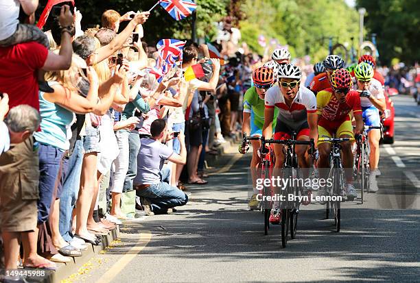 Fumiyuki Beppu of Japan leads the breakaway during the Men's Road Race Road Cycling on day 1 of the London 2012 Olympic Games on July 28, 2012 in...