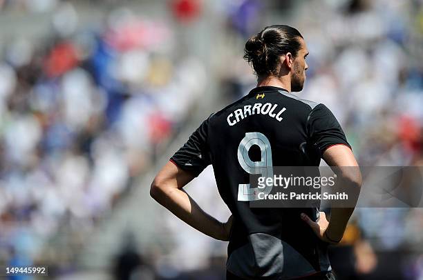 Andrew Carroll of Liverpool waits for play to resume against the Tottenham Hotspur during a pre-season tour friendly match at M&T Bank Stadium on...