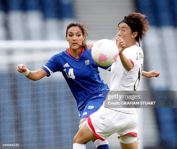 France's Louisa Necib vies for the ball with North Korea's Jon Myong Hwa during their London 2012 Olympic Games women's football match at Hampden...