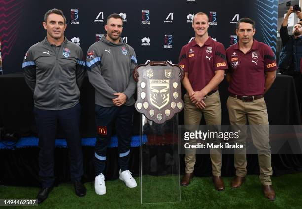 Brad Fittler coach of NSWs ,James Tedesco captain of NSWs and Daly Cherry-Evans captain of Queensland and Billy Slater coach of Queensland pose with...