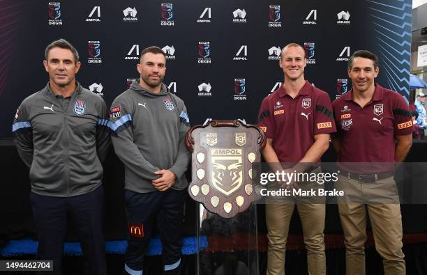 Brad Fittler coach of NSWs ,James Tedesco captain of NSWs and Daly Cherry-Evans captain of Queensland and Billy Slater coach of Queensland pose with...