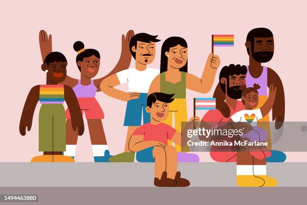 a multiracial group of friends and family watch and celebrate pride parade together - gay pride parade stock illustrations