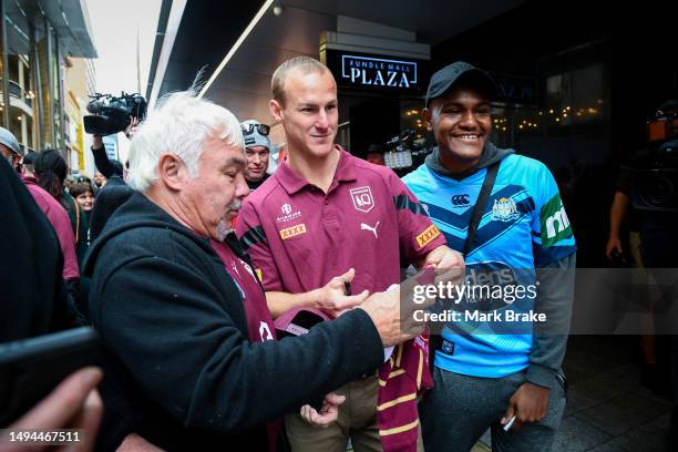 Daly Cherry-Evans captain of Queensland signs autographs as he leaves a State of Origin media opportunity at Rundle Mall on May 30, 2023 in Adelaide,...