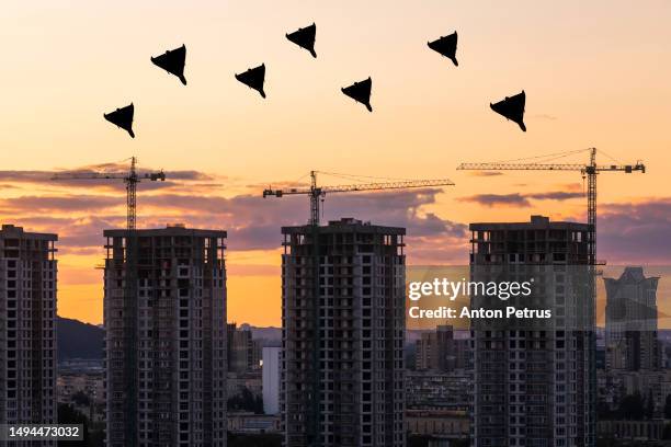 attack of kamikaze drones onresidential buildings - missile command center stock pictures, royalty-free photos & images