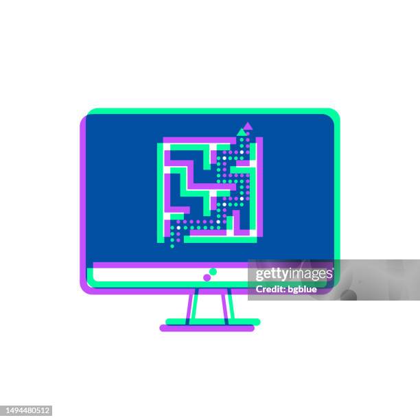 desktop computer with maze. icon with two color overlay on white background - simple maze stock illustrations