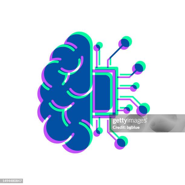 half brain with circuit board. icon with two color overlay on white background - human-brain-top-view stock illustrations