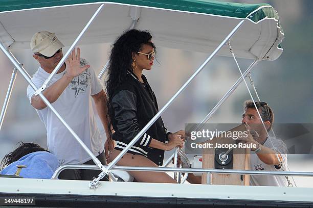 Rihanna is seen driving a boat on July 28, 2012 in Portofino, Italy.