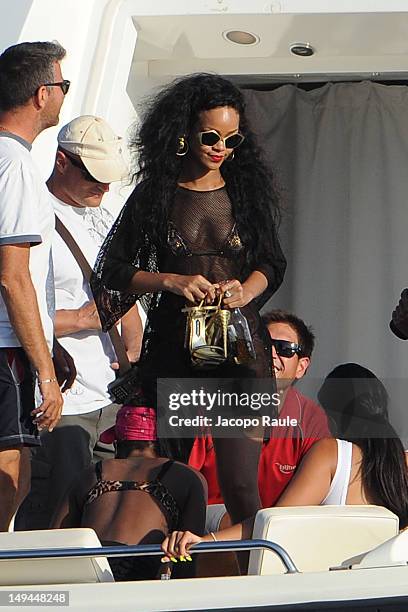 Rihanna is seen on a boat July 28, 2012 in Portofino, Italy.