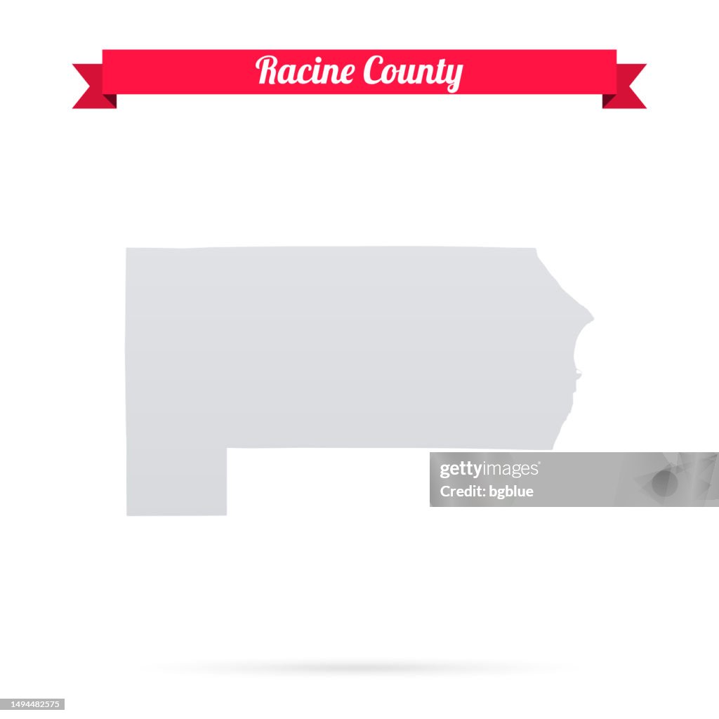 Condado de Racine, Wisconsin. Mapa sobre fondo blanco con banner rojo
