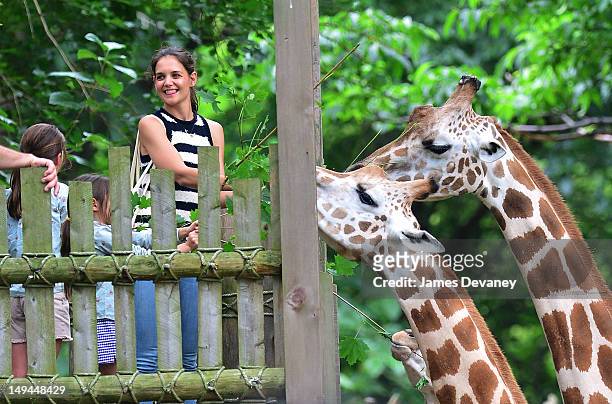 Katie Holmes and Suri Cruise feed giraffes at the Bronx Zoo on July 28, 2012 in New York City.