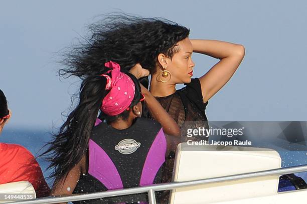 Rihanna is seen on a boat on July 28, 2012 in Portofino, Italy.