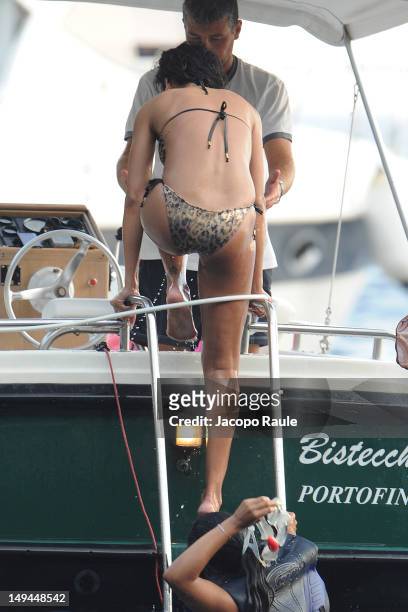 Rihanna is seen wearing a bikini on July 28, 2012 in Portofino, Italy.