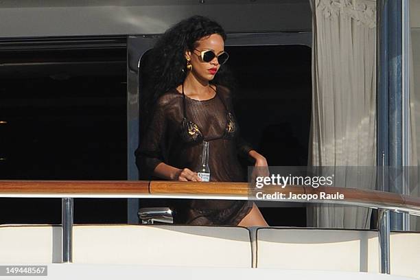 Rihanna is seen drinking beer on July 28, 2012 in Portofino, Italy.