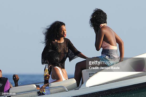 Rihanna is seen on a boat on July 28, 2012 in Portofino, Italy.