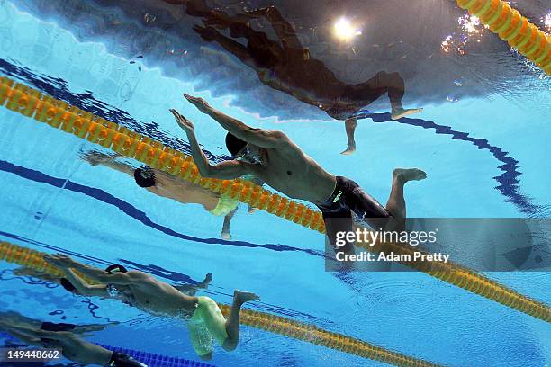 Kosuke Kitajima of Japan competes in the first semifinal heat of the Men's 100m Breaststroke on Day 1 of the London 2012 Olympic Games at the...