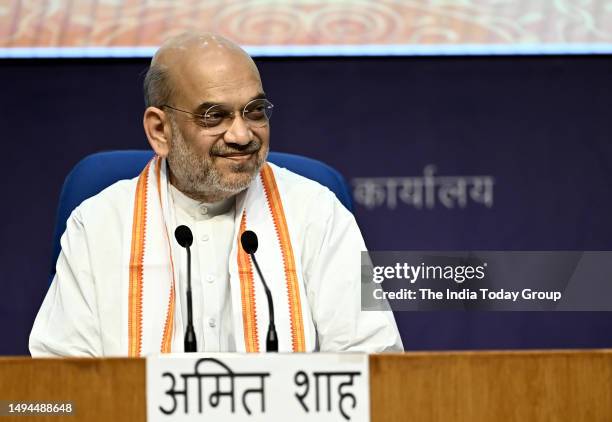 New Delhi, India – May 24: Union Home Minister Amit Shah during the press conference on the installation of the historic sceptre 'Sengol' in the new...