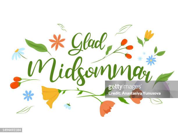 ilustraciones, imágenes clip art, dibujos animados e iconos de stock de composición con letras glad midsommar y flores - solsticio de verano