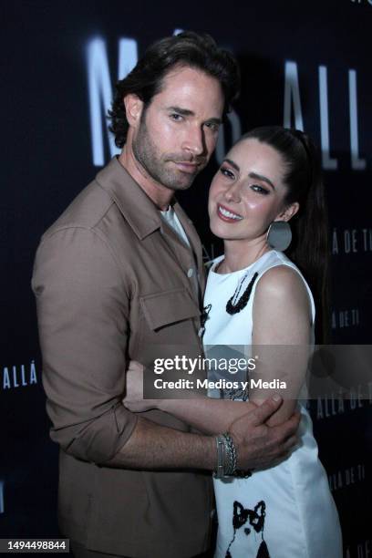 Ariadne Díaz and Sebastián Rulli pose for photo, during the photocall for the 'Más allá de ti' VIX series at Hotel St Regis on May 24, 2023 in Mexico...