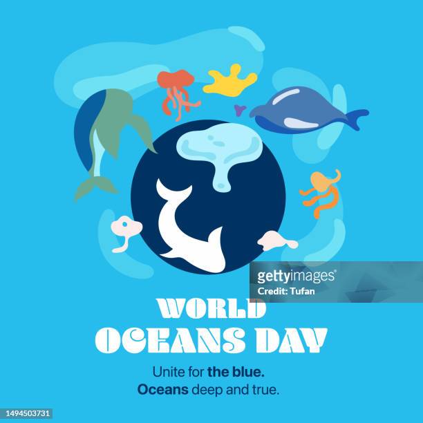 ilustraciones, imágenes clip art, dibujos animados e iconos de stock de ilustración de la tarjeta del día mundial de los océanos - mar, biodiversidad, ecosistema - world oceans day