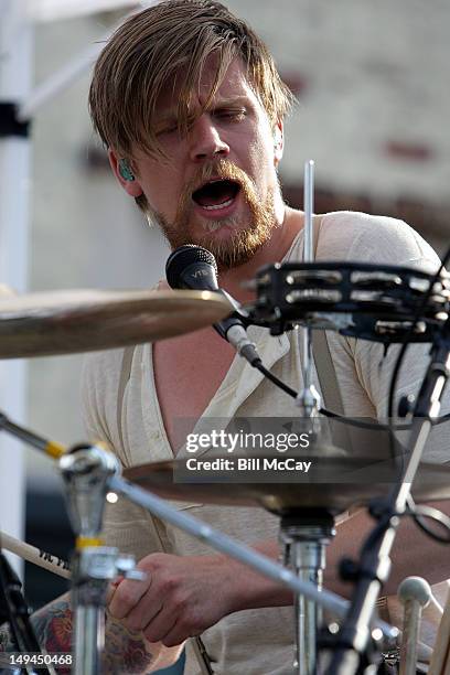 Arnar Rosenkranz Hilmarsson from Of Monsters And Men performs at the Radio 104.5 Third Summer Block Party at The Piazza At Schmidt's July 28, 2012 in...