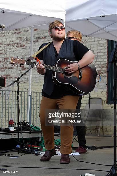Ragnar Thorhallsson from Of Monsters And Men performs at the Radio 104.5 Third Summer Block Party at The Piazza At Schmidt's July 28, 2012 in...