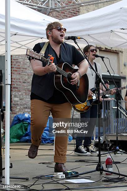 Ragnar Thorhallsson from Of Monsters And Men performs at the Radio 104.5 Third Summer Block Party at The Piazza At Schmidt's July 28, 2012 in...