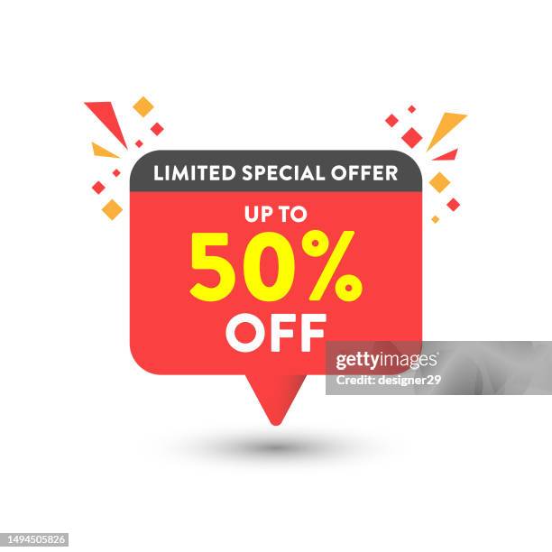 illustrazioni stock, clip art, cartoni animati e icone di tendenza di 50% di sconto sull'icona di vendita. offerta speciale limitata speech bubble vector design su sfondo bianco. - off white designer label