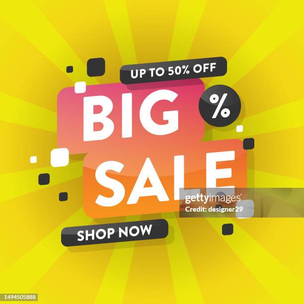 illustrazioni stock, clip art, cartoni animati e icone di tendenza di grande vendita e sconto del 50% sul design vettoriale del banner di sconto su sfondo bianco. - off white designer label