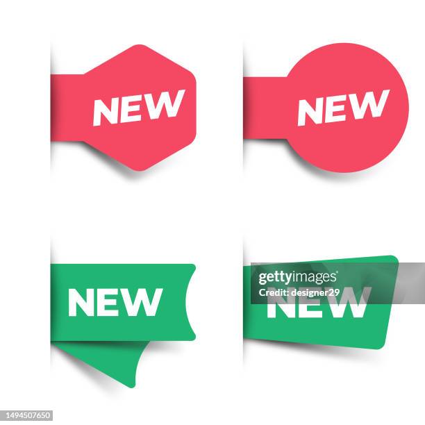 ilustraciones, imágenes clip art, dibujos animados e iconos de stock de el nuevo icono de etiqueta establece el diseño vectorial sobre fondo blanco. - etiquetar