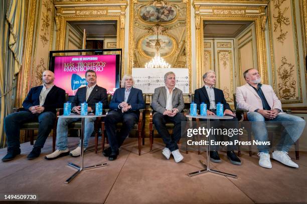 Members of Les Luthiers during a farewell press conference of Les Luthiers, at Casa America, on May 29 in Madrid, Spain. Casa de America hosts the...