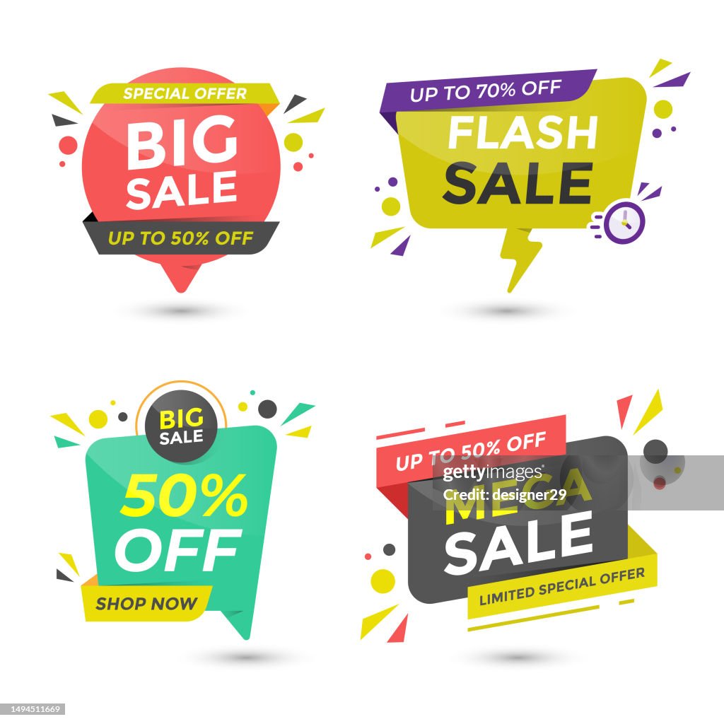 Sale Speech Bubble Banner Collection. Big Sale, Flash Sale, 50% Off and Mega Sale Vector Design on White Background.