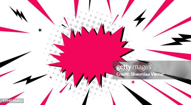 comic book electric blast zap excitement explosion concept abstract background with speech bubble, sun beam and star shape - red lightning background stock illustrations