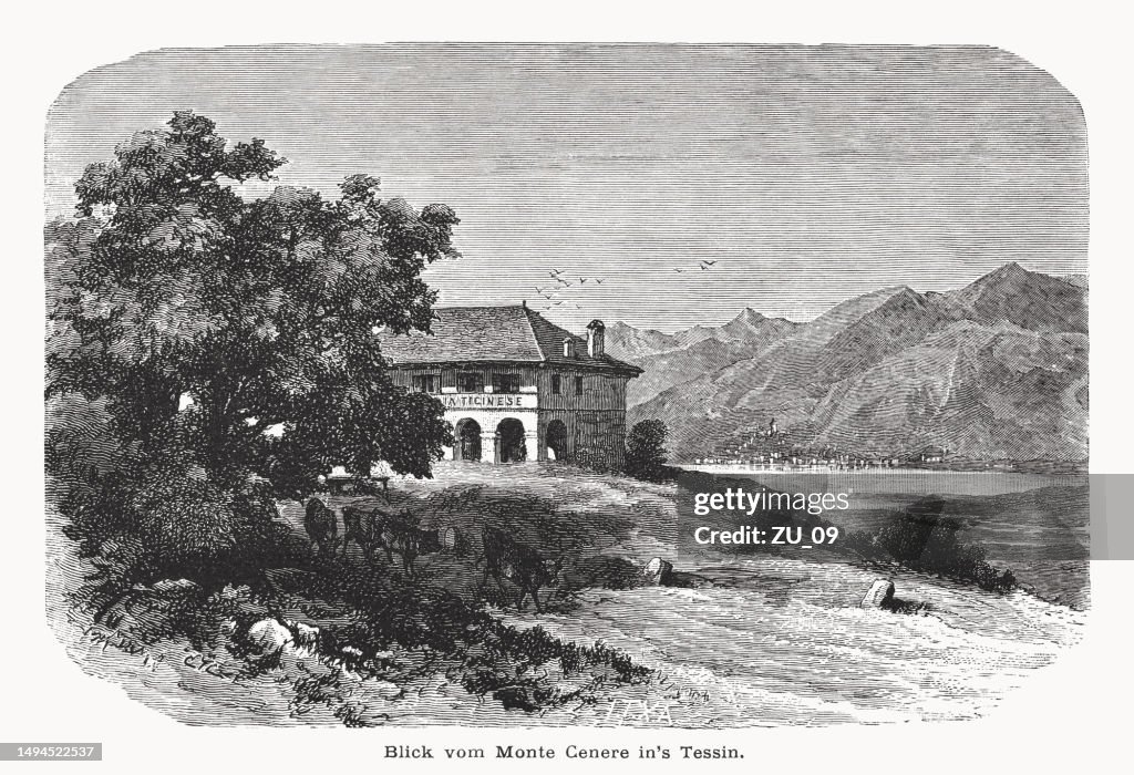 Historical view from Monte Ceneri, Ticino Canton, Switzerland, woodcut, published 1877