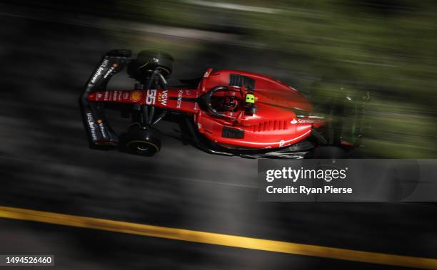 Carlos Sainz of Spain driving the Ferrari SF-23 on track during practice ahead of the F1 Grand Prix of Monaco at Circuit de Monaco on May 26, 2023 in...