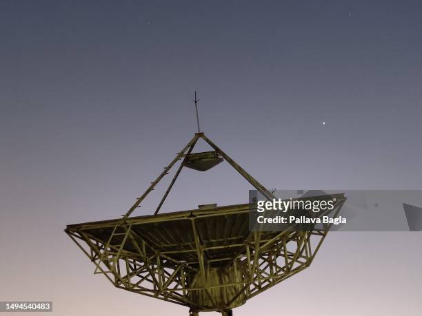 Views of a satellite dish antenna used for communicating with satellites orbiting in space seen on May 18, 2023 at Goa, India. Satellite...
