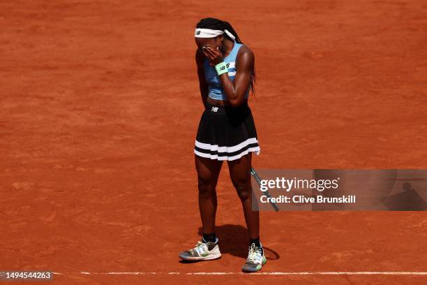 Coco Gauff of United States reacts against Rebeka Masarova of Spain during their Women's Singles First Round Match on Day Three of the 2023 French...