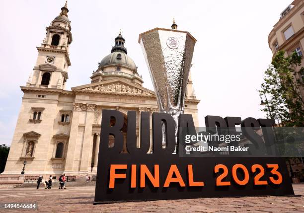 Europa league replica trophy at the Szent István-bazilika prior to the UEFA Europa League 2022/23 final match between Sevilla FC and AS Roma on May...