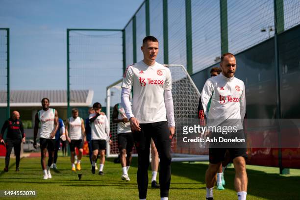Scott McTominay, Christian Eriksen of Manchester United in action during a first team training session at Carrington Training Ground on May 29, 2023...