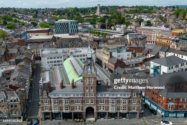 An aerial view of Newport, South Wales, showing Newport market on May 27, 2023 in Cardiff, Wales.