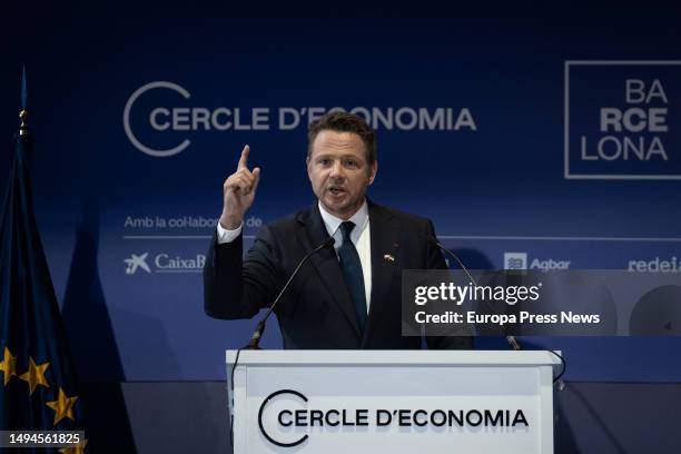 The mayor of Warsaw, Rafal Trzaskowski, speaks after receiving the Cercle d'Economia's European Construction Award, during the 38th meeting of the...