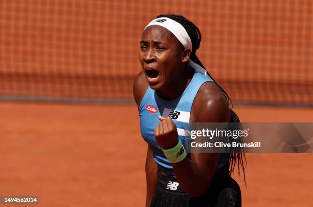 Coco Gauff of United States celebrates winning match point against Rebeka Masarova of Spain during their Women's Singles First Round Match on Day...