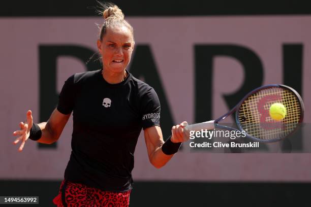 Arantxa Rus of Netherland plays a forehand against Julia Grabher of Austria during their Women's Singles First Round Match on Day Three of the 2023...