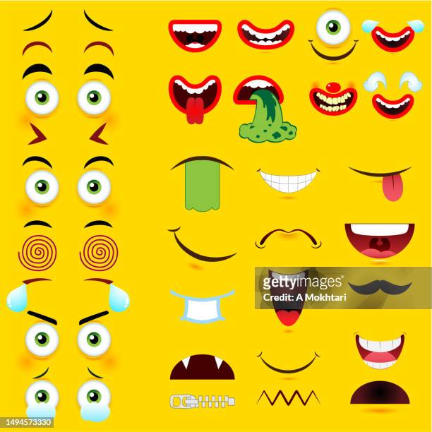 grimace cartoon face on yellow background. - zipper mouth stock illustrations
