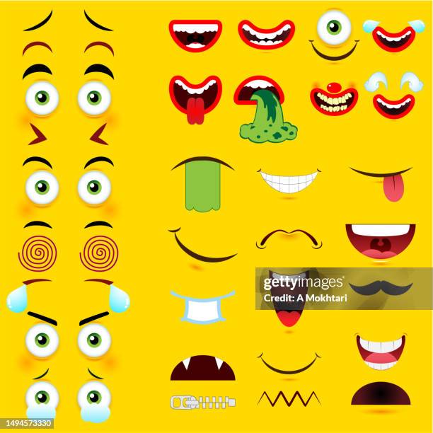 grimace cartoon face on yellow background. - monster mouth stock illustrations