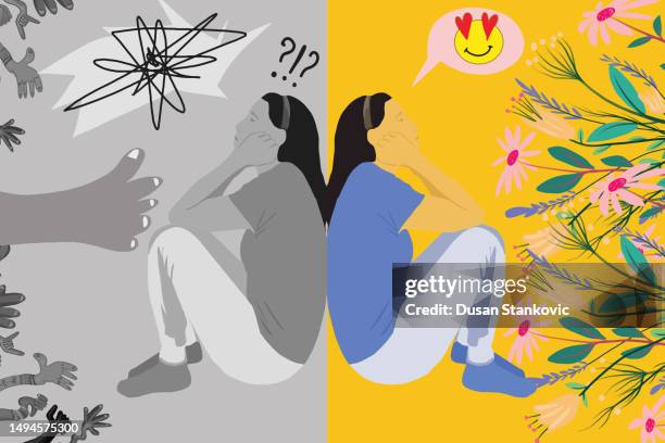 social anxiety with two faces - post traumatic stress disorder stock illustrations